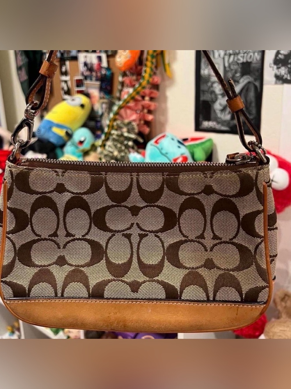 Coach Brown Signature Jacquard Shoulder Bag with Tan Leather Trim